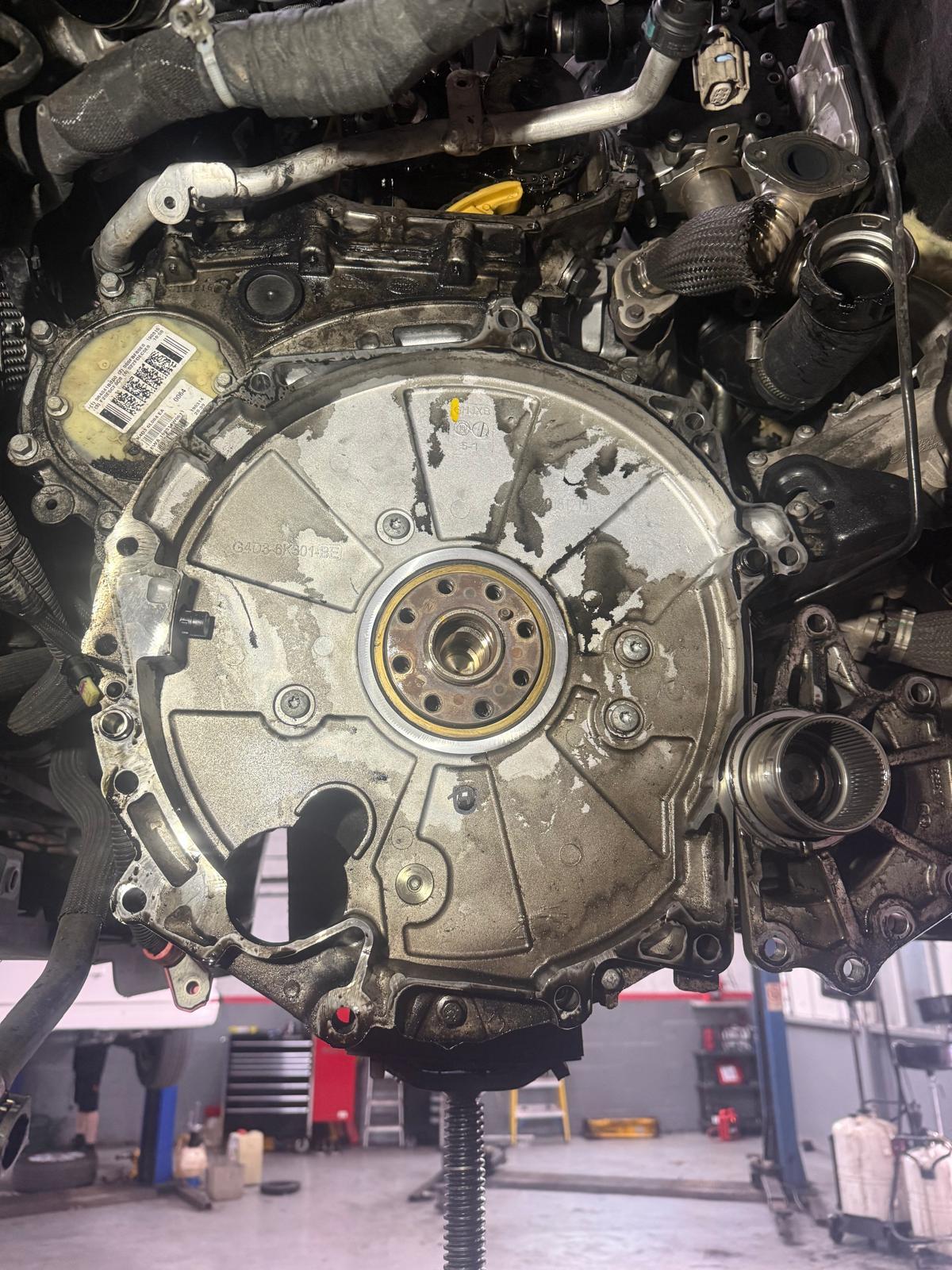 Land Rover 2.0 Ingenium diesel engine with transmission removed for timing chain repair